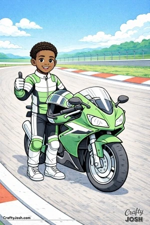 Confident young boy standing beside a race motorcycle and giving a thumbs-up after a successful ride on the track