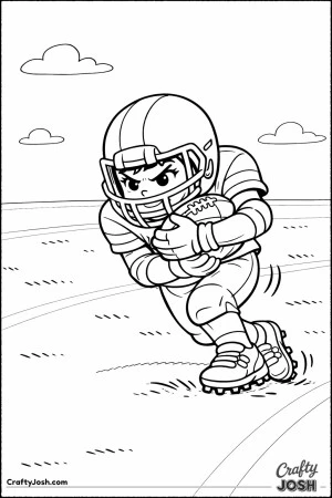 A young football player leans forward while tightly protecting the ball against his chest as he drives through open field space