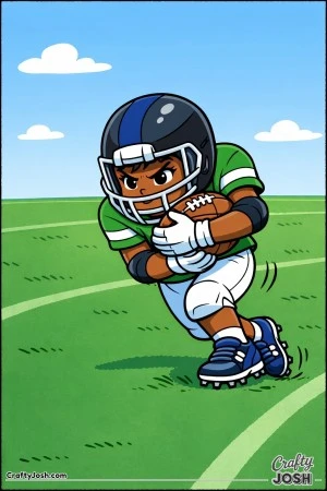 A young football player leans forward while tightly protecting the ball against his chest as he drives through open field space