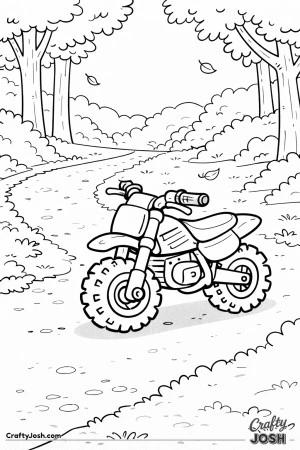A small chibi-style dirt bike rests on a gentle forest trail, surrounded by trees and leaves in a calm outdoor scene for young children.