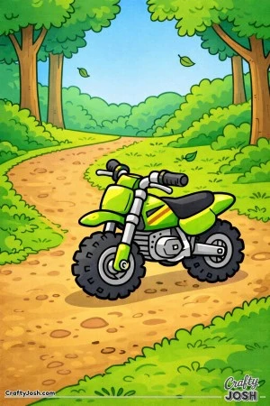 A small chibi-style dirt bike rests on a gentle forest trail, surrounded by trees and leaves in a calm outdoor scene for young children.