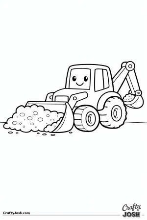 This simple backhoe loader coloring page shows a large construction vehicle scooping a rounded pile of dirt with its front bucket and a small rear ..