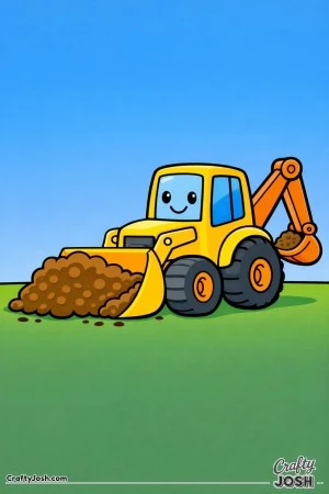 This simple backhoe loader coloring page shows a large construction vehicle scooping a rounded pile of dirt with its front bucket and a small rear ..