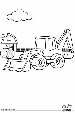 This coloring page features a large backhoe loader on a simple farm scene with a barn, fence line, rounded hay bale, and one cloud in the sky