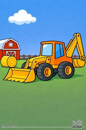 This coloring page features a large backhoe loader on a simple farm scene with a barn, fence line, rounded hay bale, and one cloud in the sky