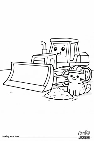 This simple bulldozer coloring page features a large construction vehicle with a friendly cat wearing a helmet standing beside the blade