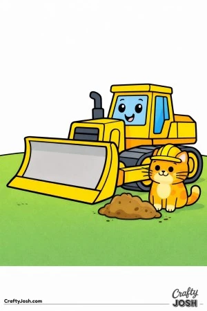 This simple bulldozer coloring page features a large construction vehicle with a friendly cat wearing a helmet standing beside the blade
