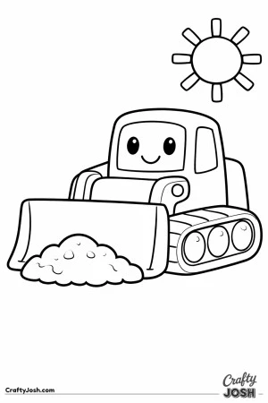 This simple bulldozer coloring page features a large friendly construction vehicle pushing a pile of dirt, designed especially for toddlers ages 2–4