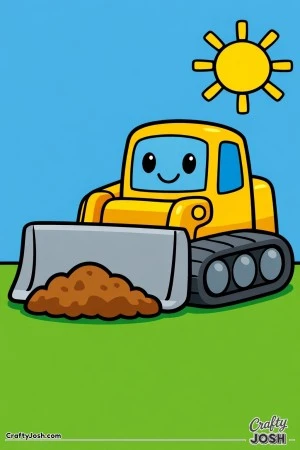This simple bulldozer coloring page features a large friendly construction vehicle pushing a pile of dirt, designed especially for toddlers ages 2–4