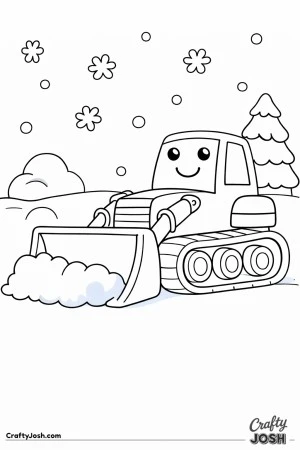 This bulldozer coloring page shows a large construction vehicle pushing snow in a simple winter setting with big snowflakes and a pine tree