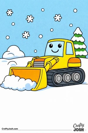 This bulldozer coloring page shows a large construction vehicle pushing snow in a simple winter setting with big snowflakes and a pine tree