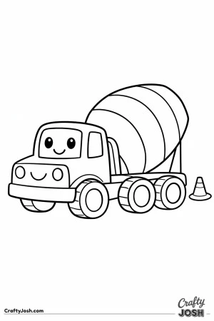 This simple cement mixer truck coloring page features a bold truck with a large mixing drum and a small construction cone, designed especially for ..
