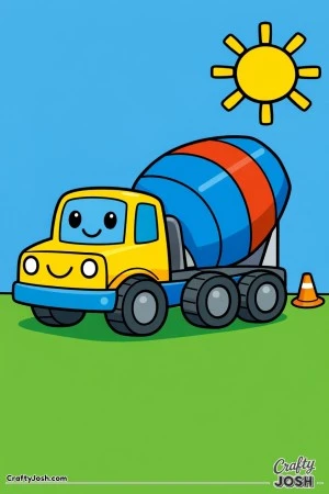 This simple cement mixer truck coloring page features a bold truck with a large mixing drum and a small construction cone, designed especially for ..