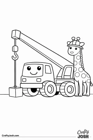 This crane truck coloring page features a large construction vehicle with a thick arm and hook beside a tall giraffe wearing a helmet