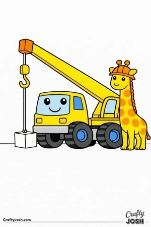 This crane truck coloring page features a large construction vehicle with a thick arm and hook beside a tall giraffe wearing a helmet