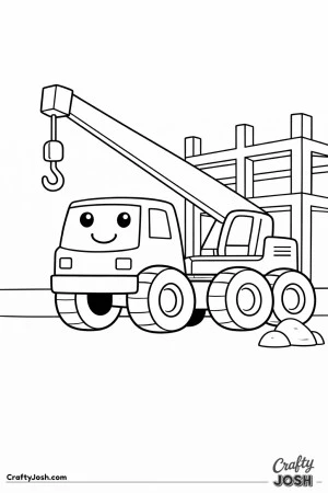 This crane truck coloring page features a large construction vehicle with a thick arm and big hook at a simple building site