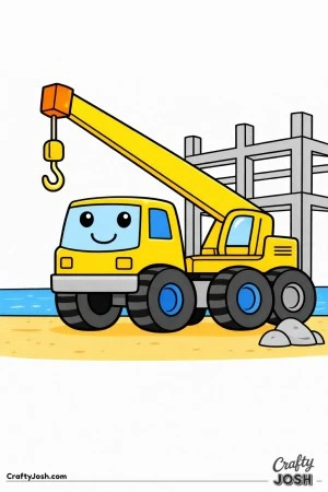 This crane truck coloring page features a large construction vehicle with a thick arm and big hook at a simple building site