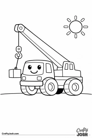 This simple crane truck coloring page shows a sturdy construction vehicle lifting a large square block with a thick arm and easy shapes