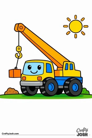 This simple crane truck coloring page shows a sturdy construction vehicle lifting a large square block with a thick arm and easy shapes