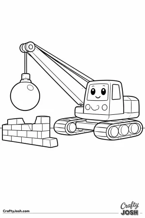 This simple wrecking ball crane coloring page shows a large crane with a thick arm and a big round wrecking ball hanging above a block wall