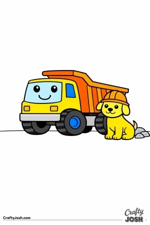 This dump truck coloring page features a large construction vehicle with big wheels and a friendly puppy wearing a helmet beside it.