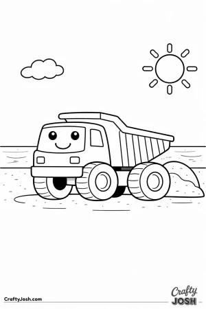 This dump truck coloring page shows a large construction vehicle parked on a sandy beach with a big sand pile nearby