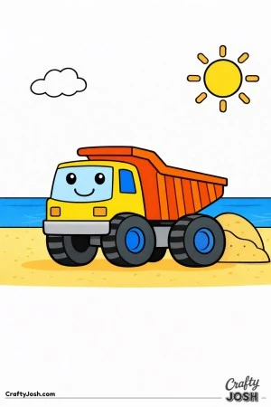 This dump truck coloring page shows a large construction vehicle parked on a sandy beach with a big sand pile nearby