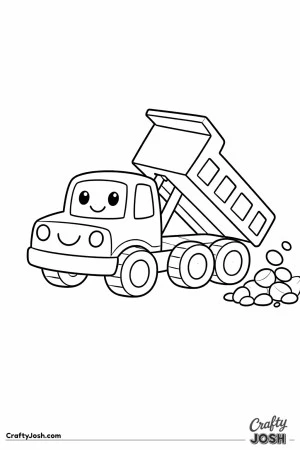 This simple dump truck coloring page shows a friendly truck lifting its bed and dropping large rounded rocks, designed especially for toddlers ages ..