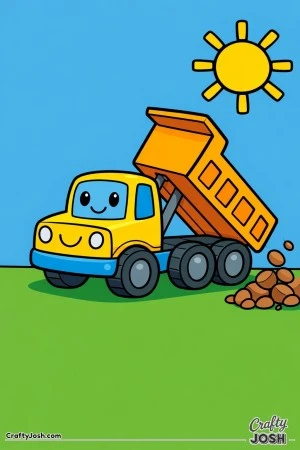 This simple dump truck coloring page shows a friendly truck lifting its bed and dropping large rounded rocks, designed especially for toddlers ages ..