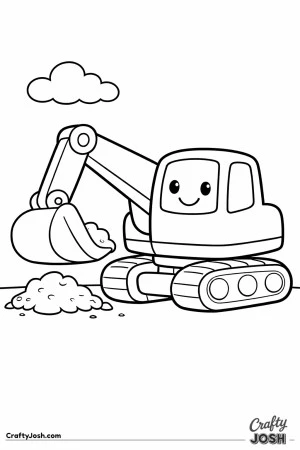 This simple excavator coloring page features a big friendly digger with a large bucket and a small dirt mound, designed especially for toddlers ages ..