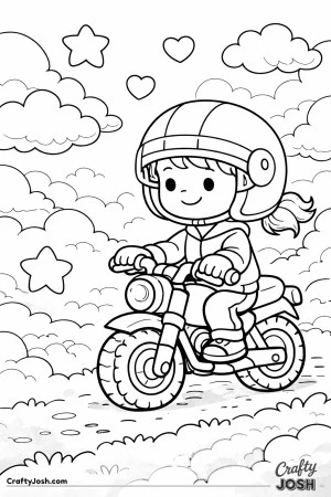 A young girl rides a small motorcycle beneath a sky filled with puffy clouds shaped like hearts and stars.
