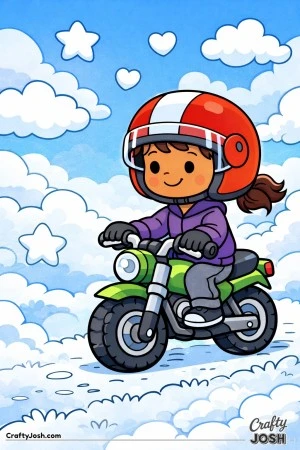 A young girl rides a small motorcycle beneath a sky filled with puffy clouds shaped like hearts and stars.