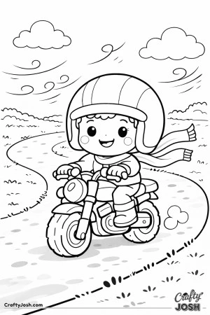 Cheerful young boy riding a small motorcycle on a breezy day, with a flowing scarf, gentle clouds, and a curving path.