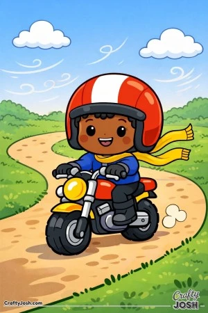 Cheerful young boy riding a small motorcycle on a breezy day, with a flowing scarf, gentle clouds, and a curving path.