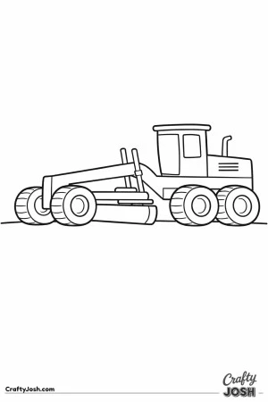 This road grader coloring page features a long construction vehicle with a large front blade and big round wheels