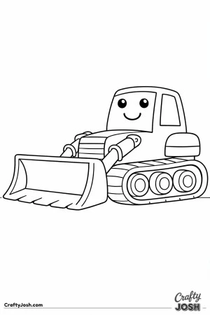 This bulldozer coloring page features a large side-view construction vehicle with its wide front blade slightly raised.