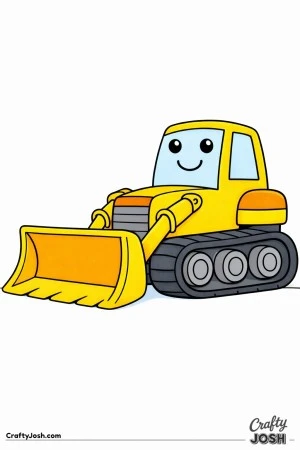 This bulldozer coloring page features a large side-view construction vehicle with its wide front blade slightly raised.