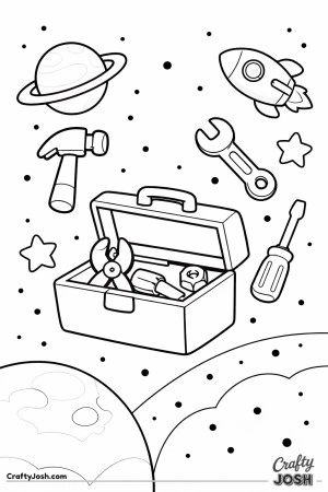 A toolbox is open in outer space with simple tools floating gently around it, along with a rocket and planets