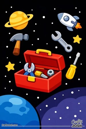 A toolbox is open in outer space with simple tools floating gently around it, along with a rocket and planets