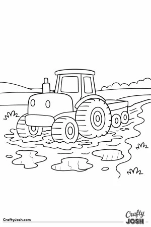 Tractor driving muddy farm path