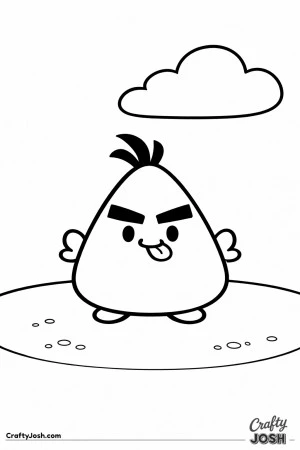 This image shows a triangle-shaped egg-bird with thick eyebrows, a silly smile, tiny wings, standing on a grassy hill with one cloud above