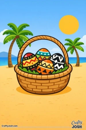 A large Easter basket filled with patterned eggs sits on a sandy beach with palm trees, ocean waves, and a bright sun in the sky
