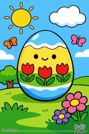 A smiling Easter egg with a tulip design sits in a simple spring scene with a sun, cloud, butterflies, and flowers