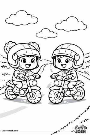This coloring page shows a happy young child riding a chunky motorcycle along a gentle park path with trees, clouds, and a smiling sun.