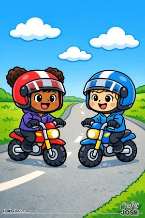 This coloring page shows a happy young child riding a chunky motorcycle along a gentle park path with trees, clouds, and a smiling sun.