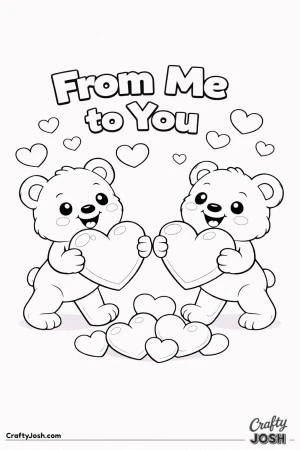 Two teddy bears exchange large hearts with the words “From Me to You” above them and oversized hearts floating around