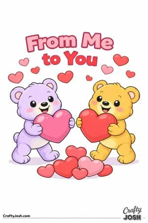 Two teddy bears exchange large hearts with the words “From Me to You” above them and oversized hearts floating around