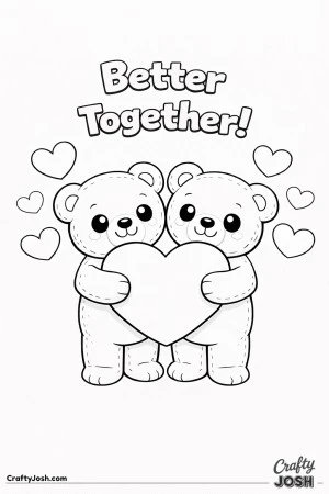 Two teddy bears stand side by side holding a giant heart with “Better Together!” written above and large floating hearts around them