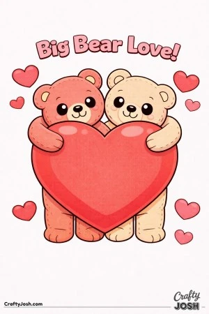 Two teddy bears hug around a massive heart that fills most of the page with “Big Bear Love!” written above and large floating hearts around the ..