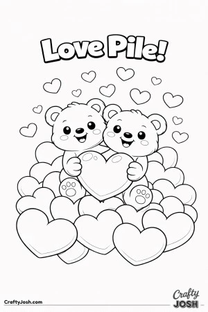 Two teddy bears sit together inside a large pile of oversized hearts with the words “Love Pile!” above